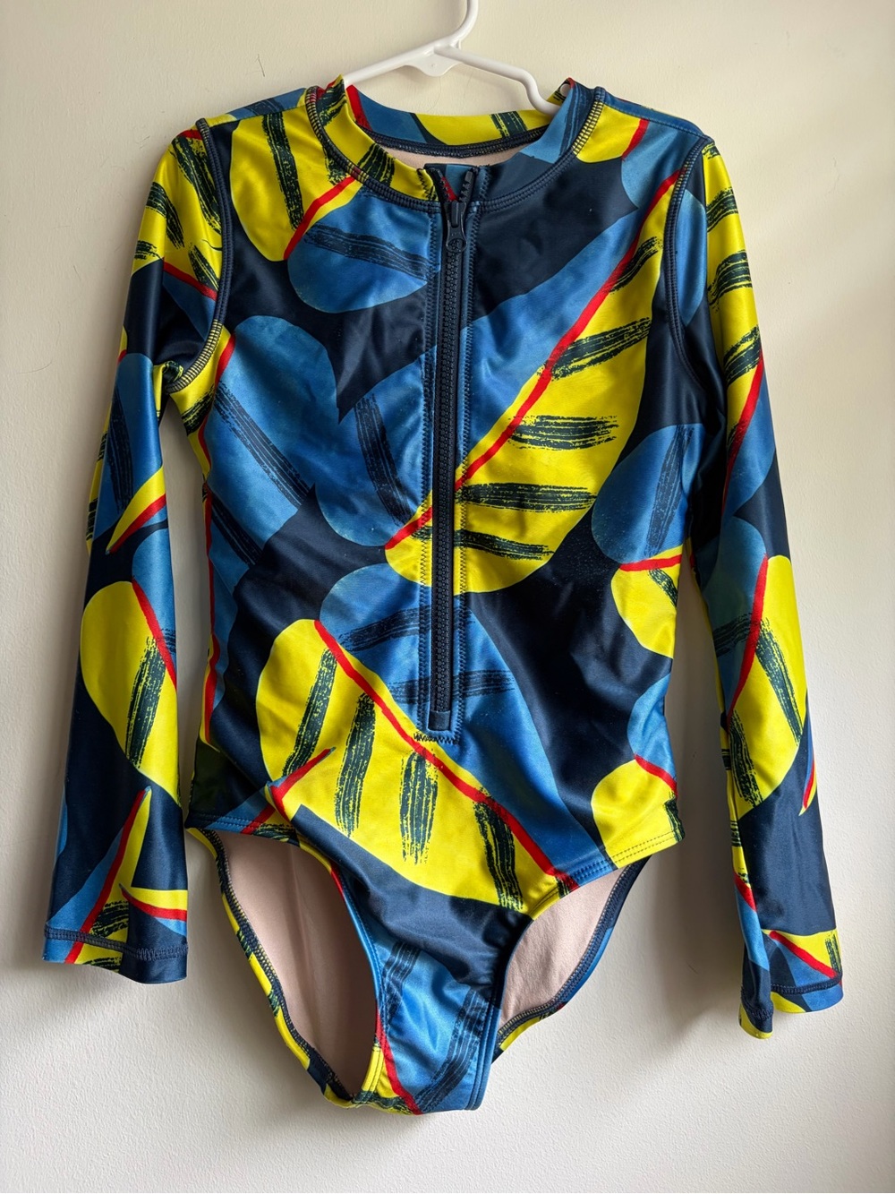 Tea Collection Girls 8 Long Sleeve One Piece Swimsuit Blue Yellow Abstract Leaf
